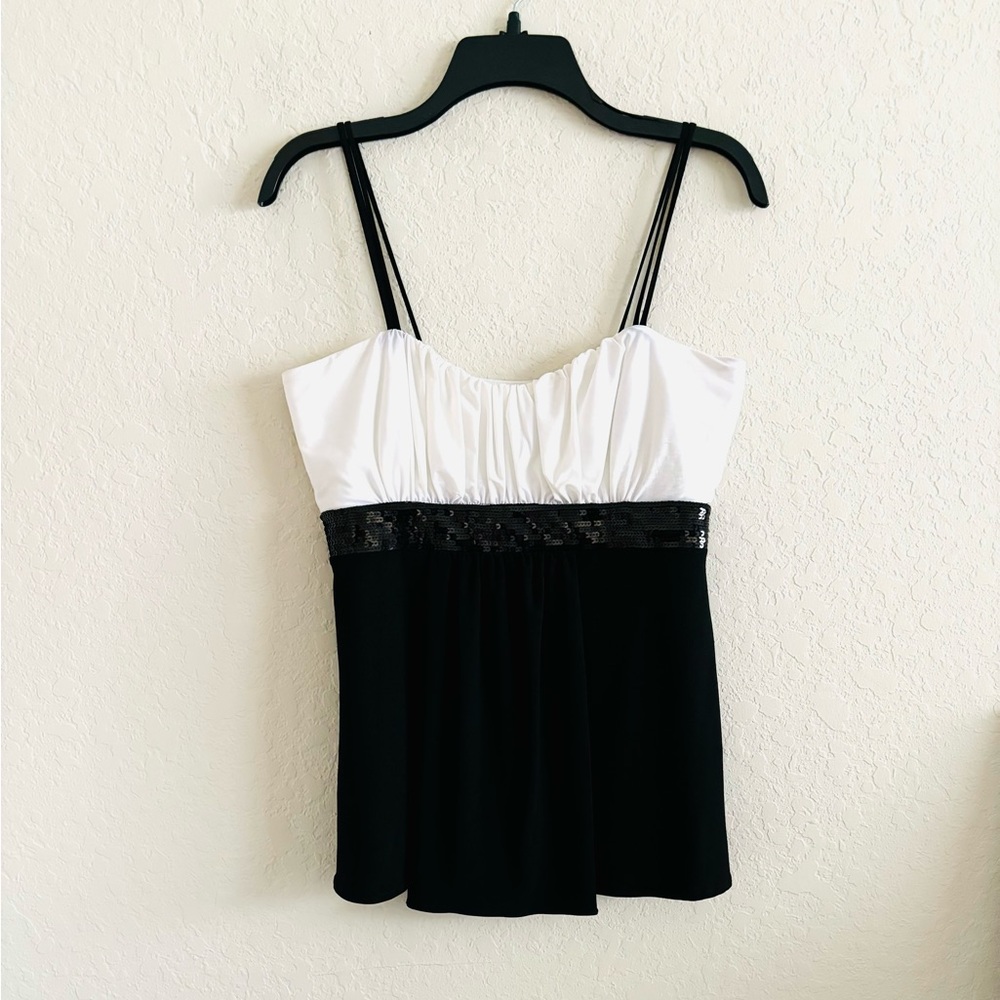 90s Y2K Linda Segal Camisole Tank Black White Sequin Pleated Satin Womens M USA
